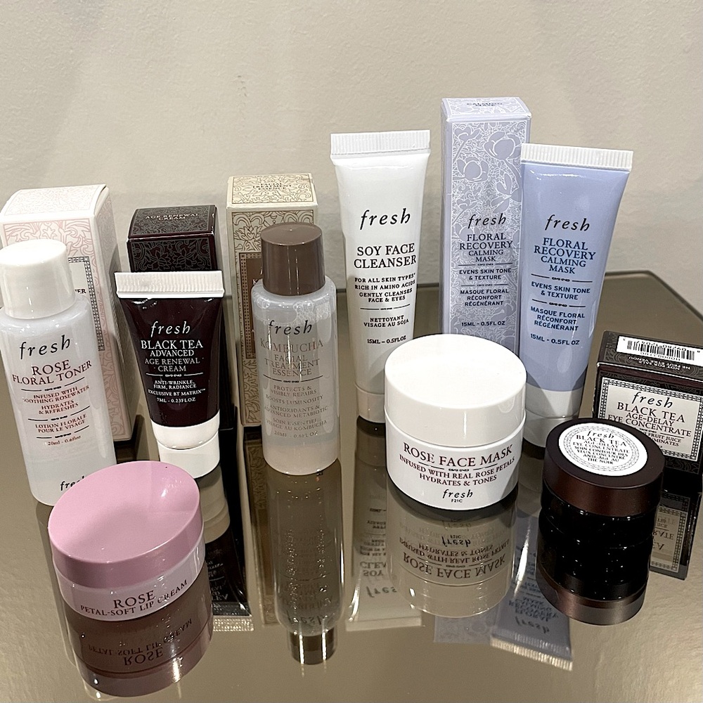 FRESH 9pc Eye Concentrate, Rose Petal Lip, Kombucha Essence, Floral Mask, Toner